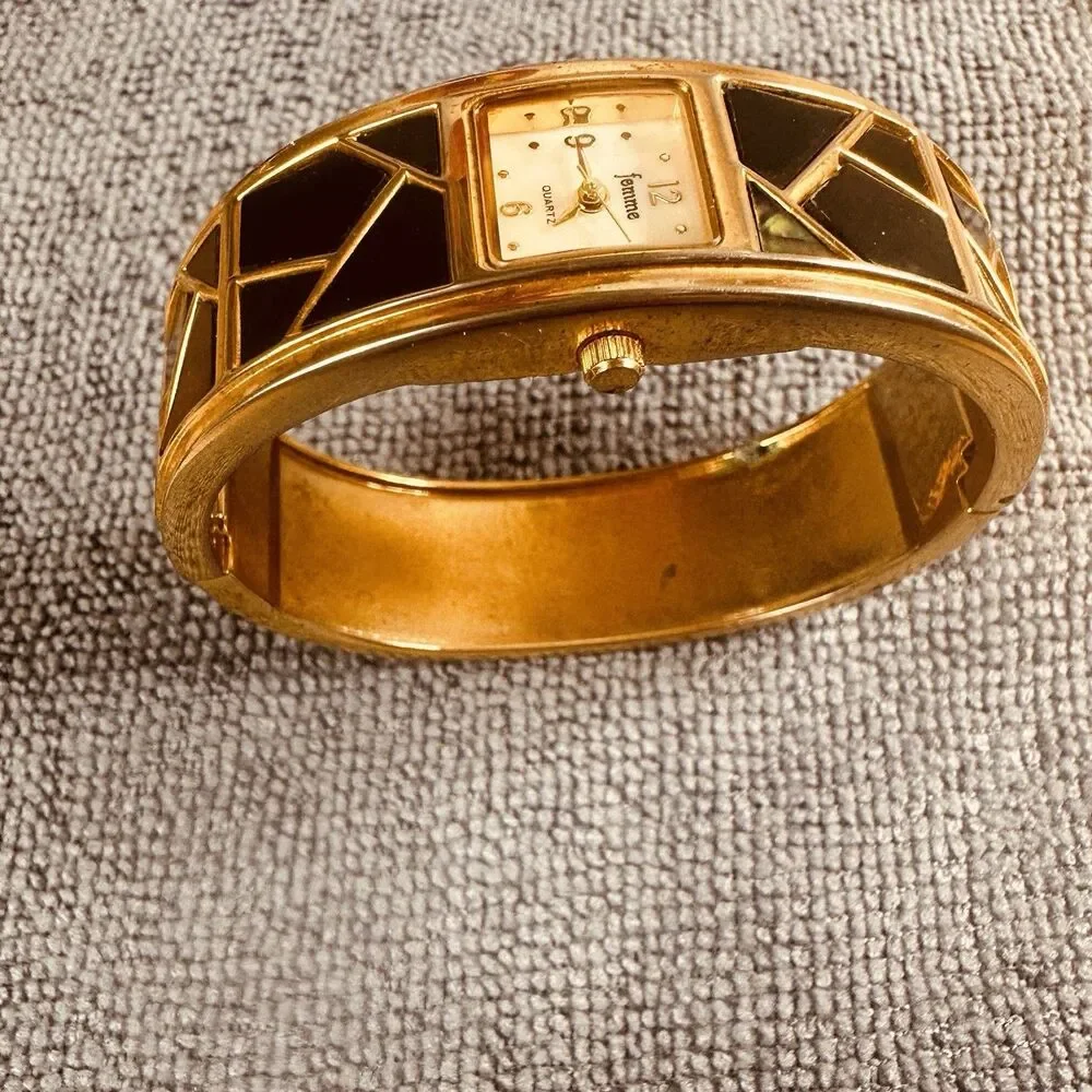 Vintage Femme Gold Tone Quartz Bangle Watch Black Geometric Art Deco Women’s